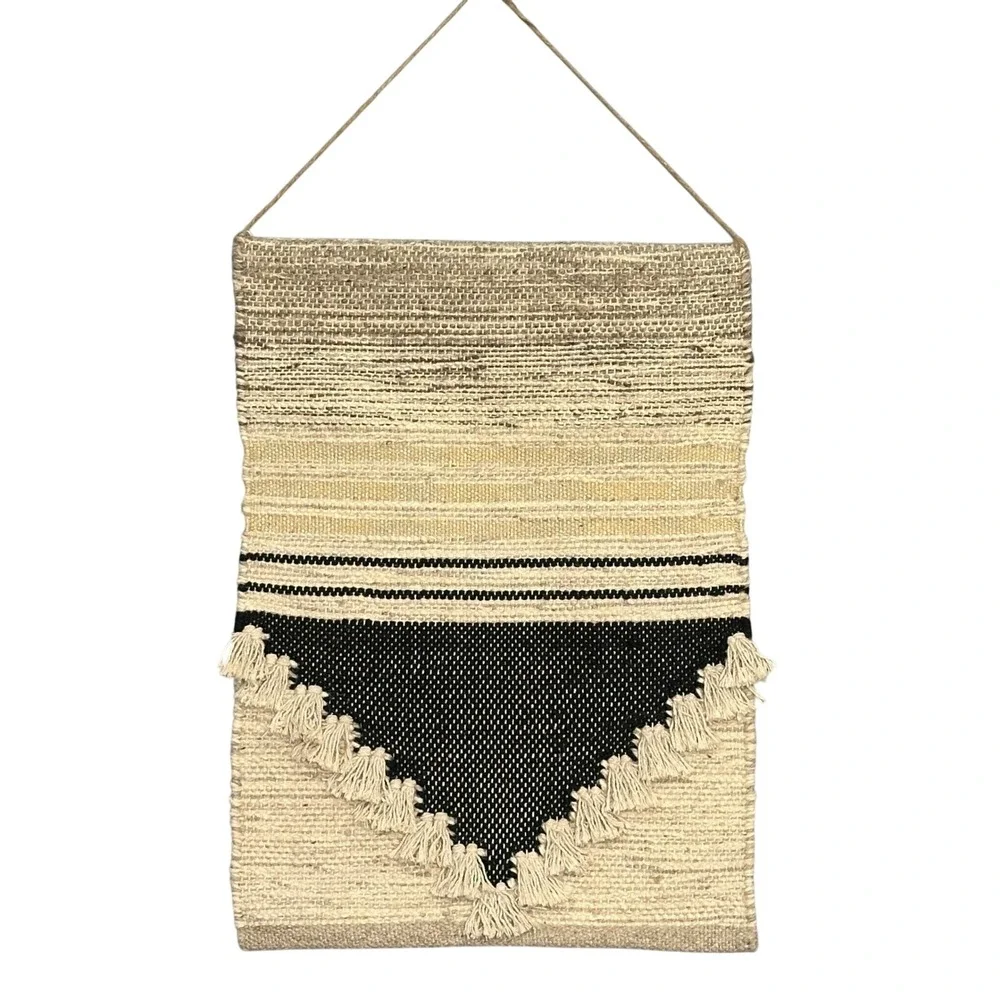 Threshold Woven Geometric Wall Hanging Tassel Trim Beige Black Boho Decor 18x25